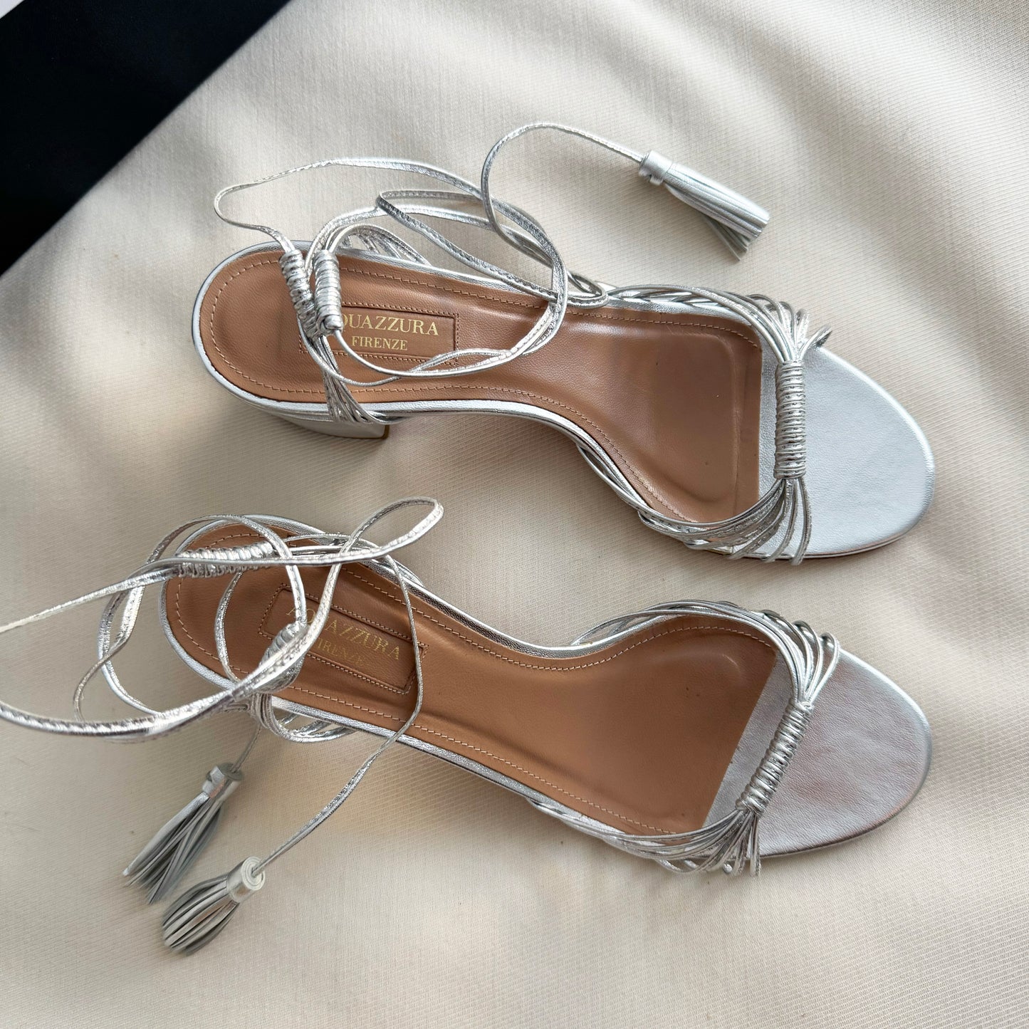 AQUAZZURA "Mescal" 50 Metallic Leather Sandals, size 38.5