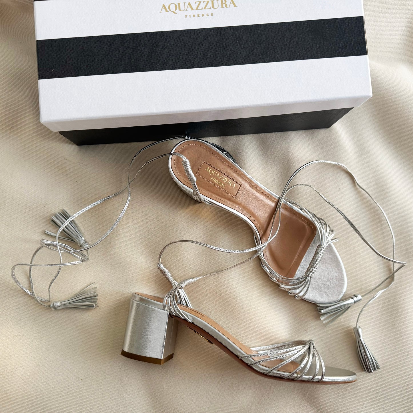 AQUAZZURA "Mescal" 50 Metallic Leather Sandals, size 38.5