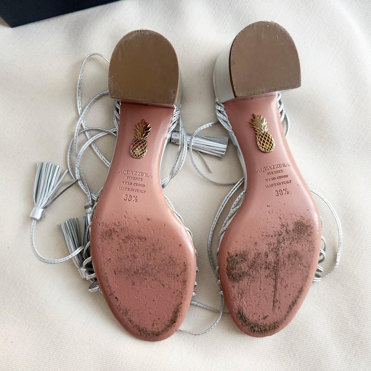 AQUAZZURA "Mescal" 50 Metallic Leather Sandals, size 38.5