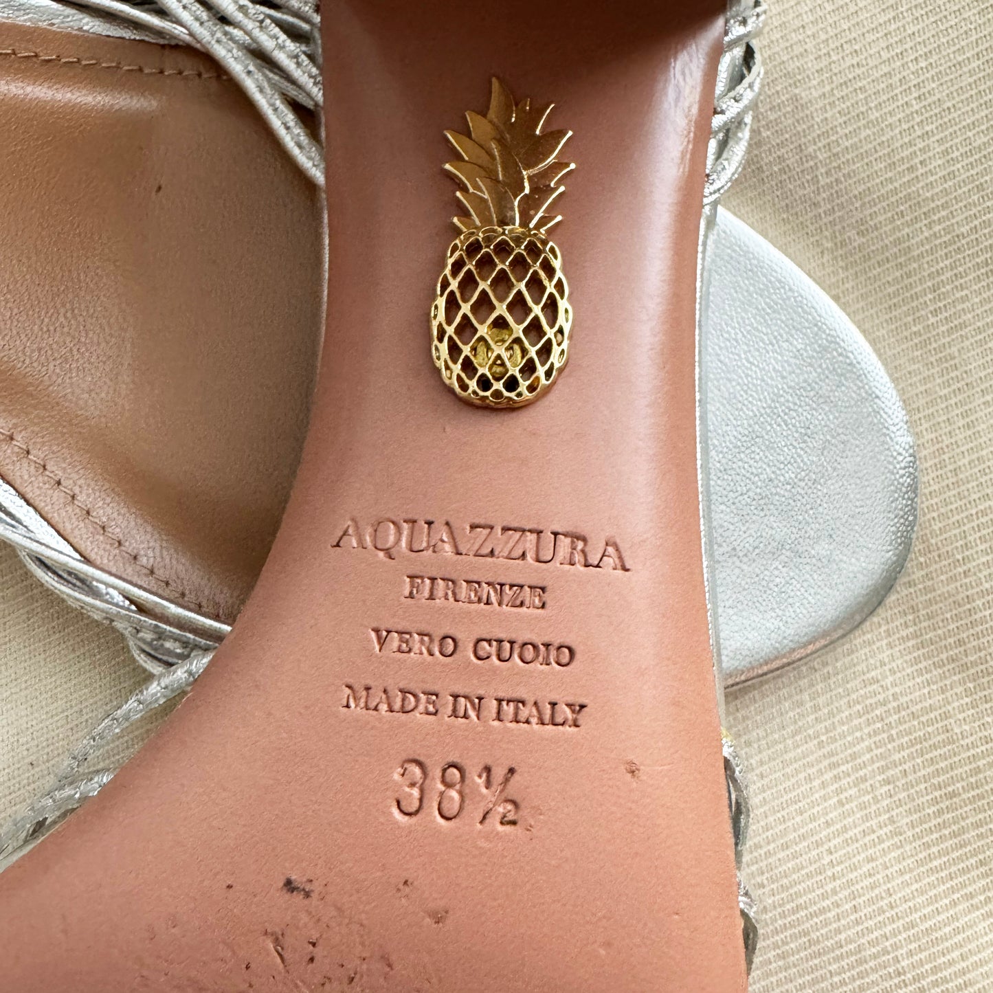 AQUAZZURA "Mescal" 50 Metallic Leather Sandals, size 38.5