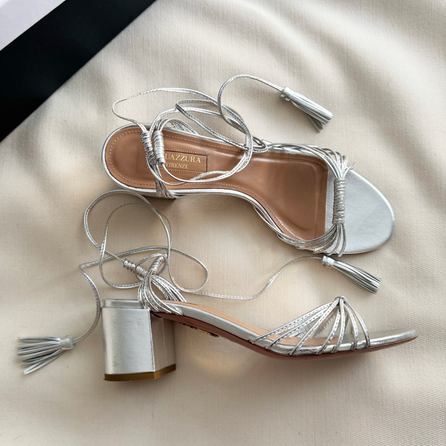 AQUAZZURA "Mescal" 50 Metallic Leather Sandals, size 38.5