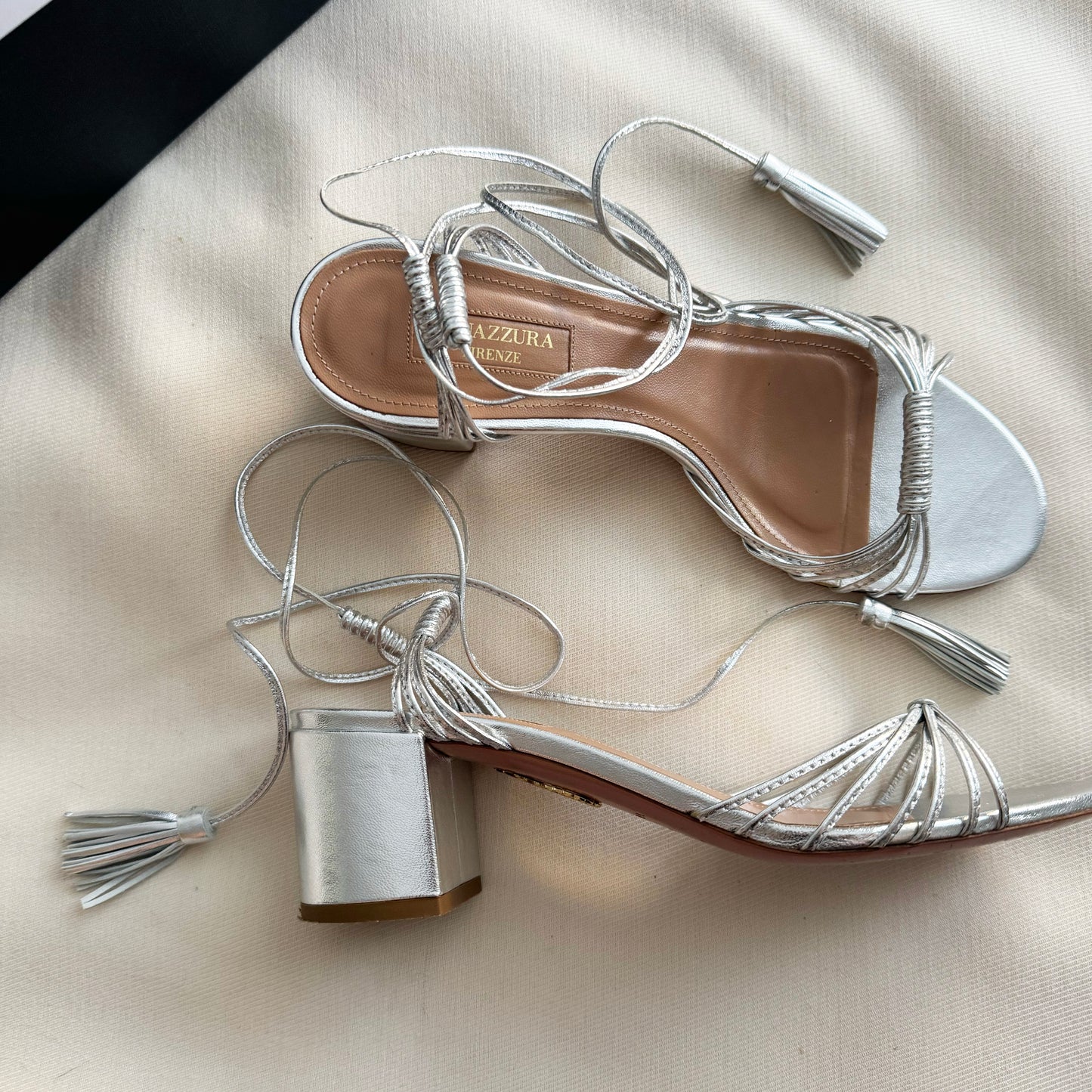 AQUAZZURA "Mescal" 50 Metallic Leather Sandals, size 38.5