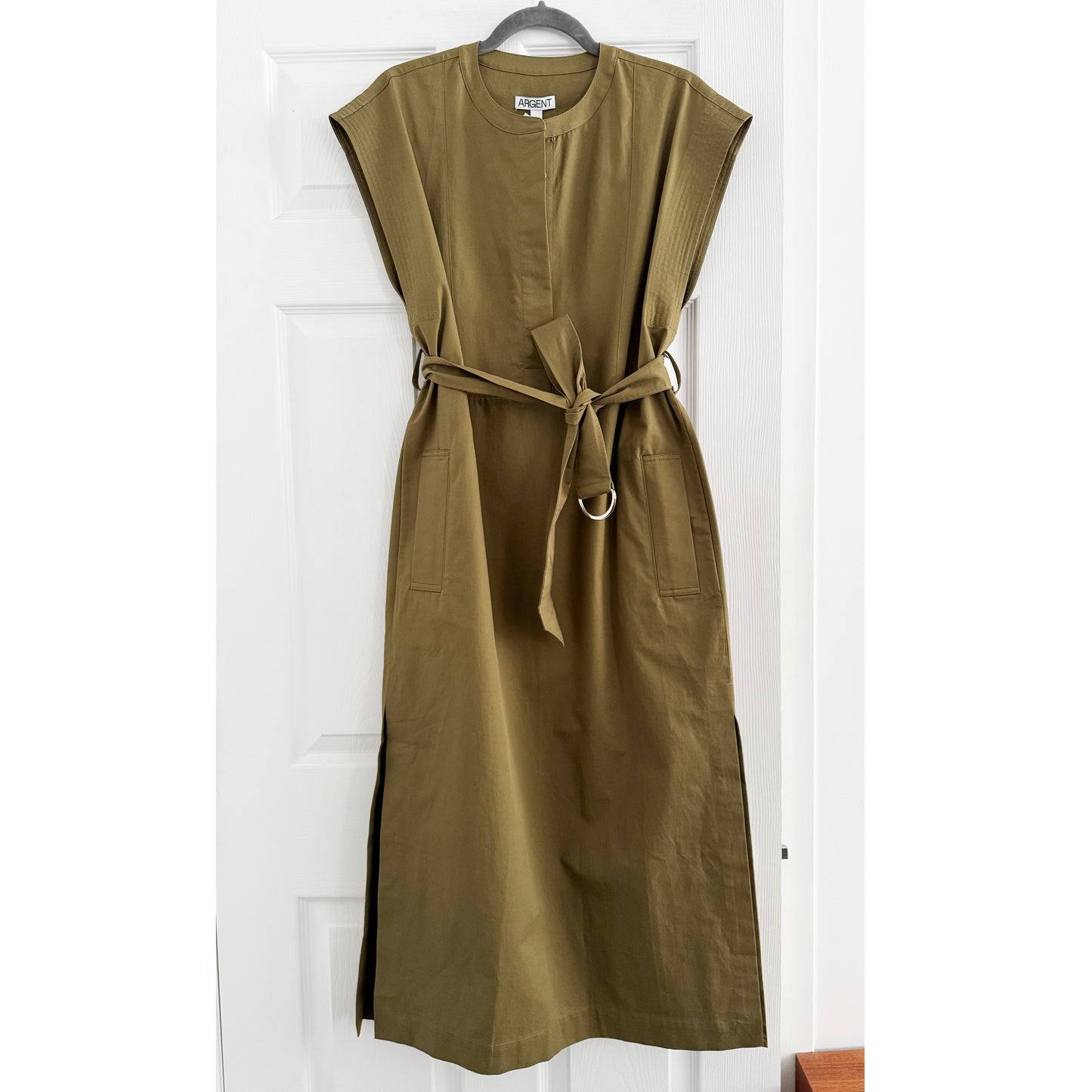 Argenta Belted Cap-Sleeve Cotton Twill Midi Shirtdress in Mushroom, Size Small