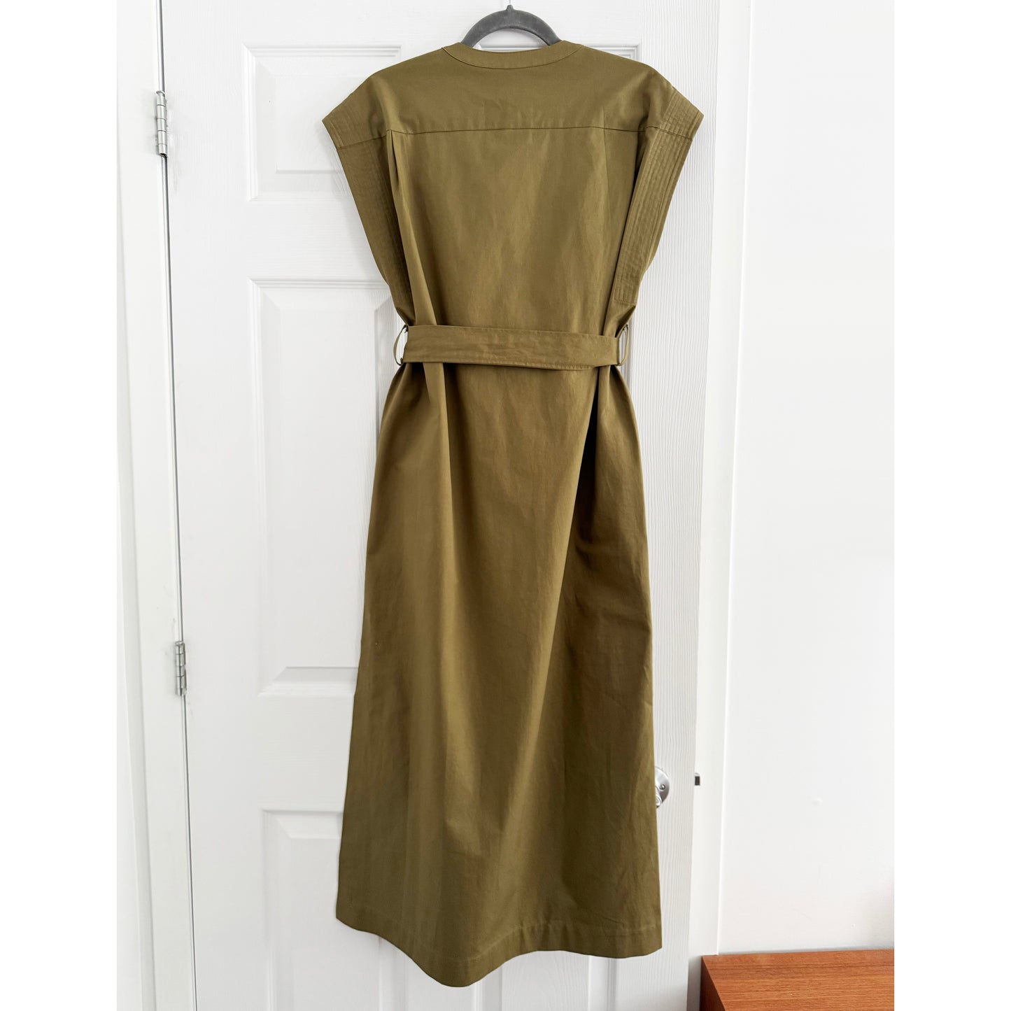 Argenta Belted Cap-Sleeve Cotton Twill Midi Shirtdress in Mushroom, Size Small