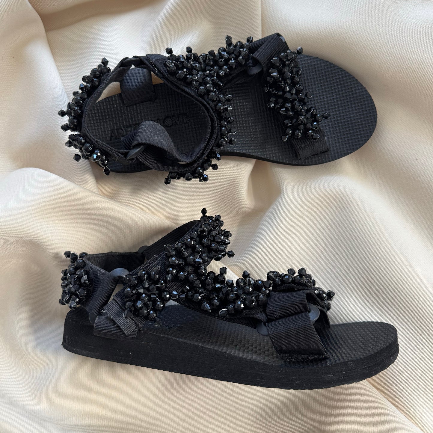 Arizona Love "Trekky" bead-embellished sandals in Black, size 7