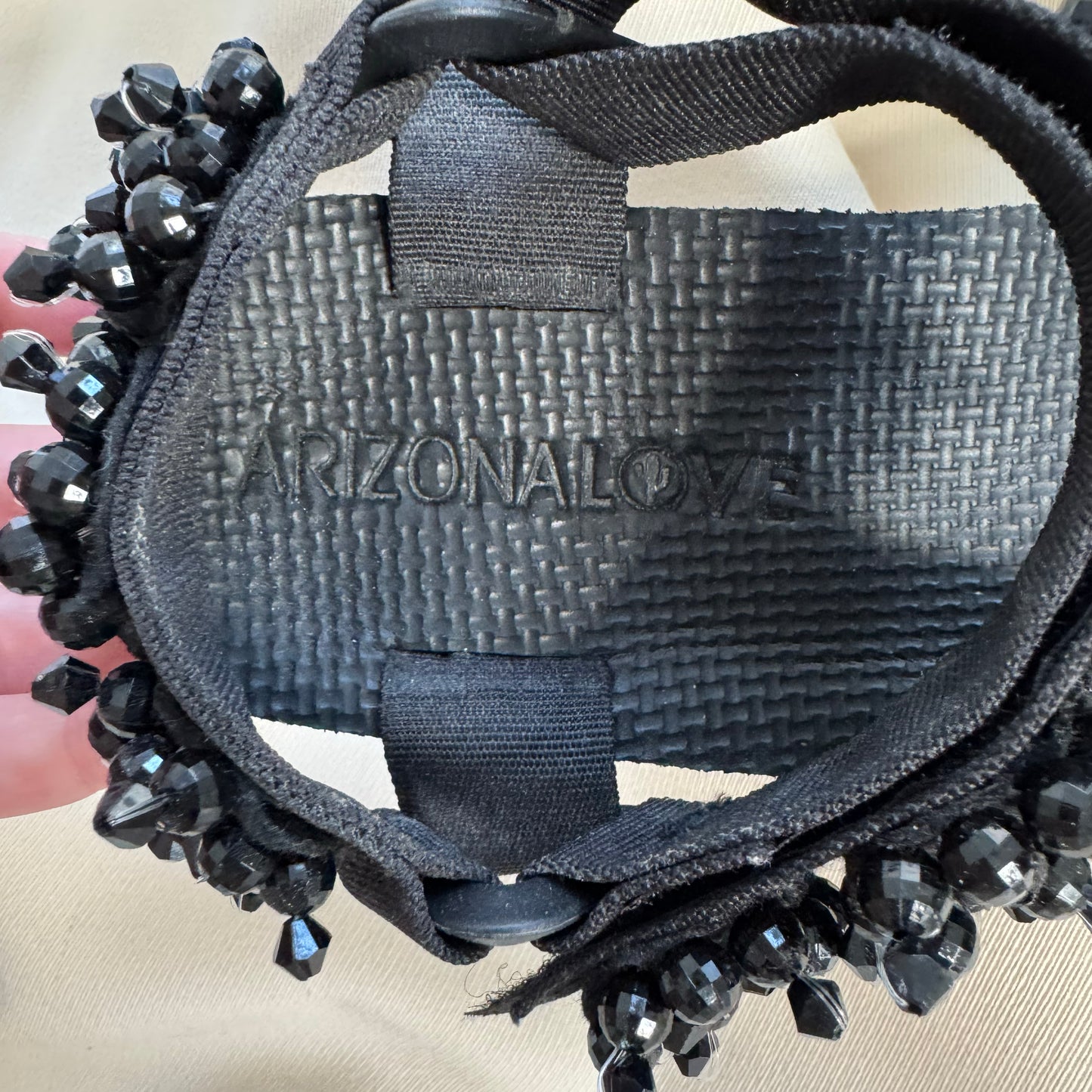Arizona Love "Trekky" bead-embellished sandals in Black, size 7