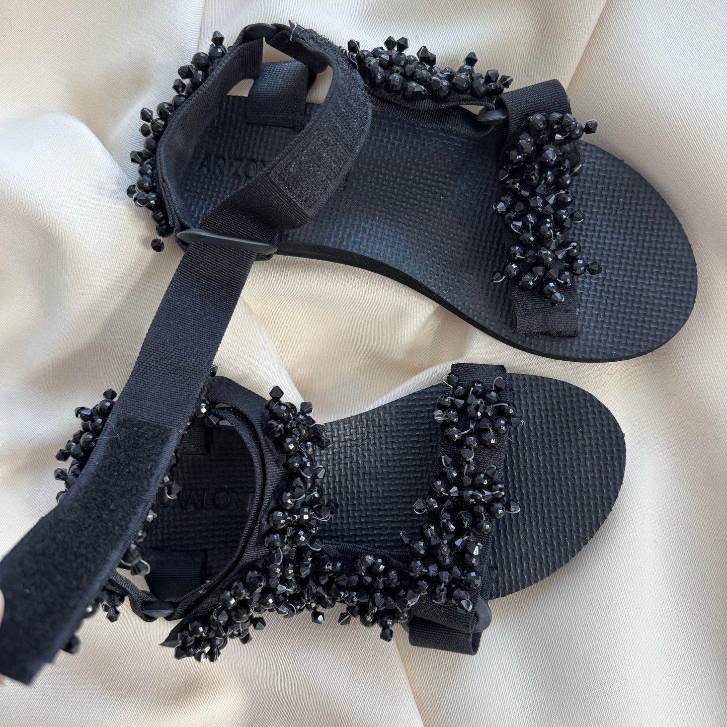 Arizona Love "Trekky" bead-embellished sandals in Black, size 7