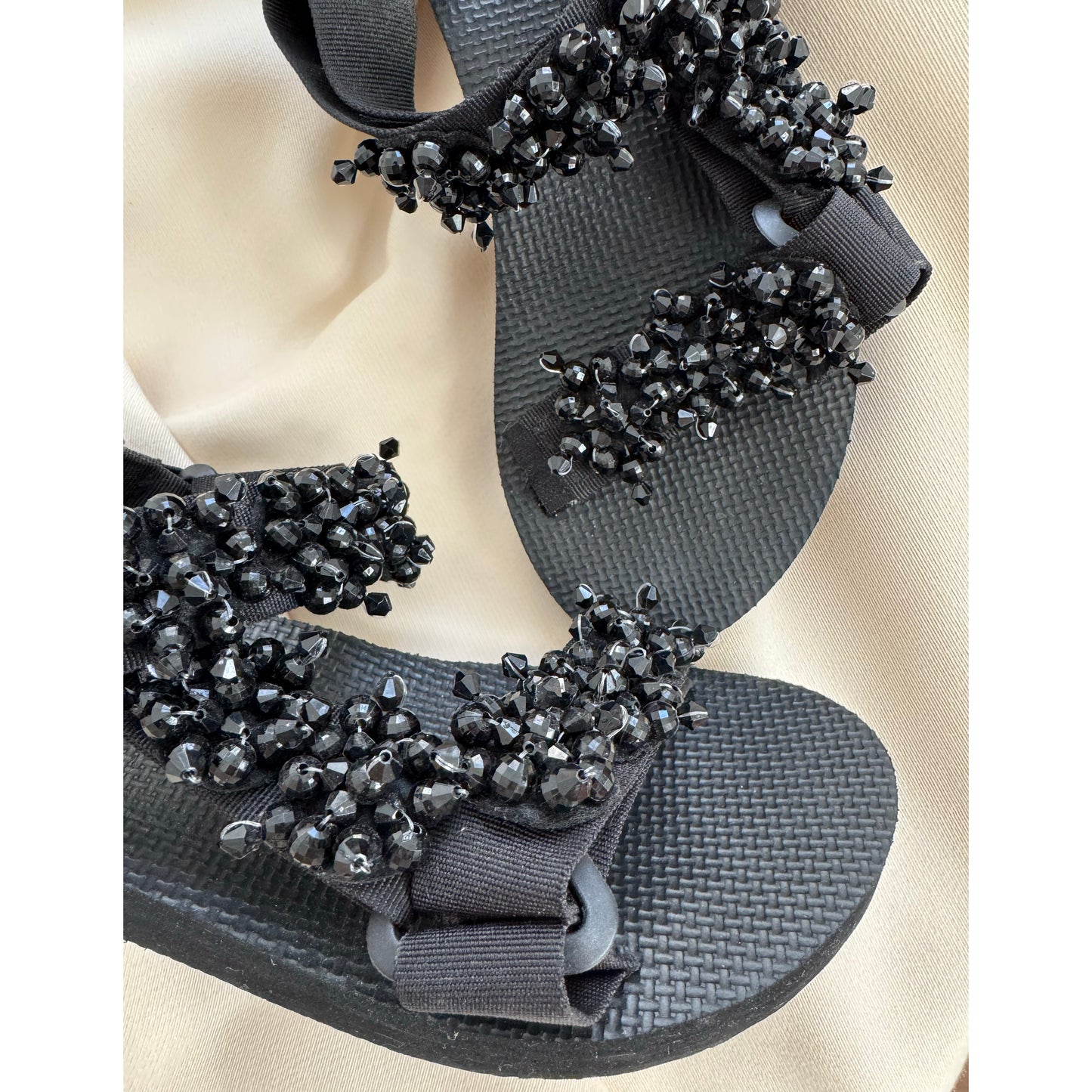 Arizona Love "Trekky" bead-embellished sandals in Black, size 7