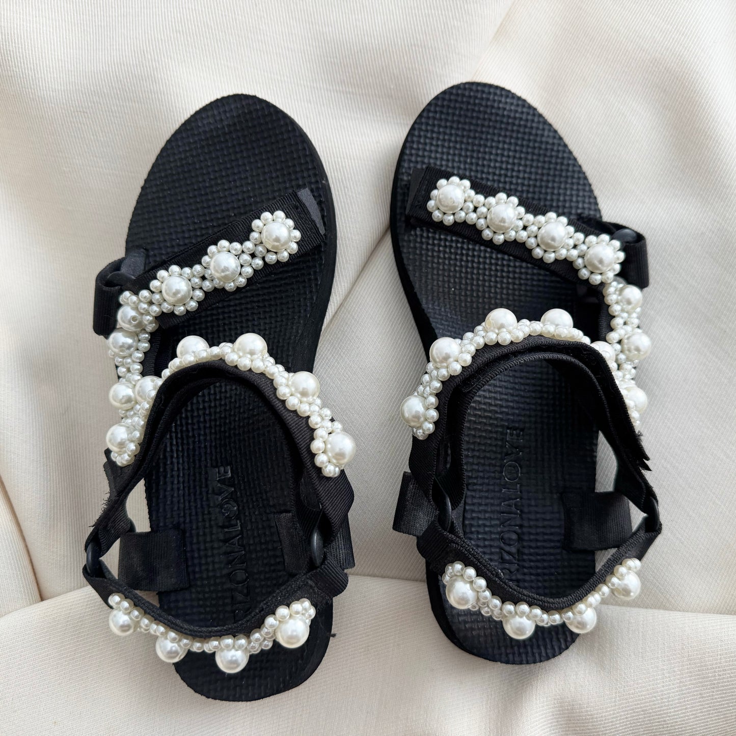Arizona Love "Trekky" pearl-embellished sandals in Black, size 38 (fits size 7)