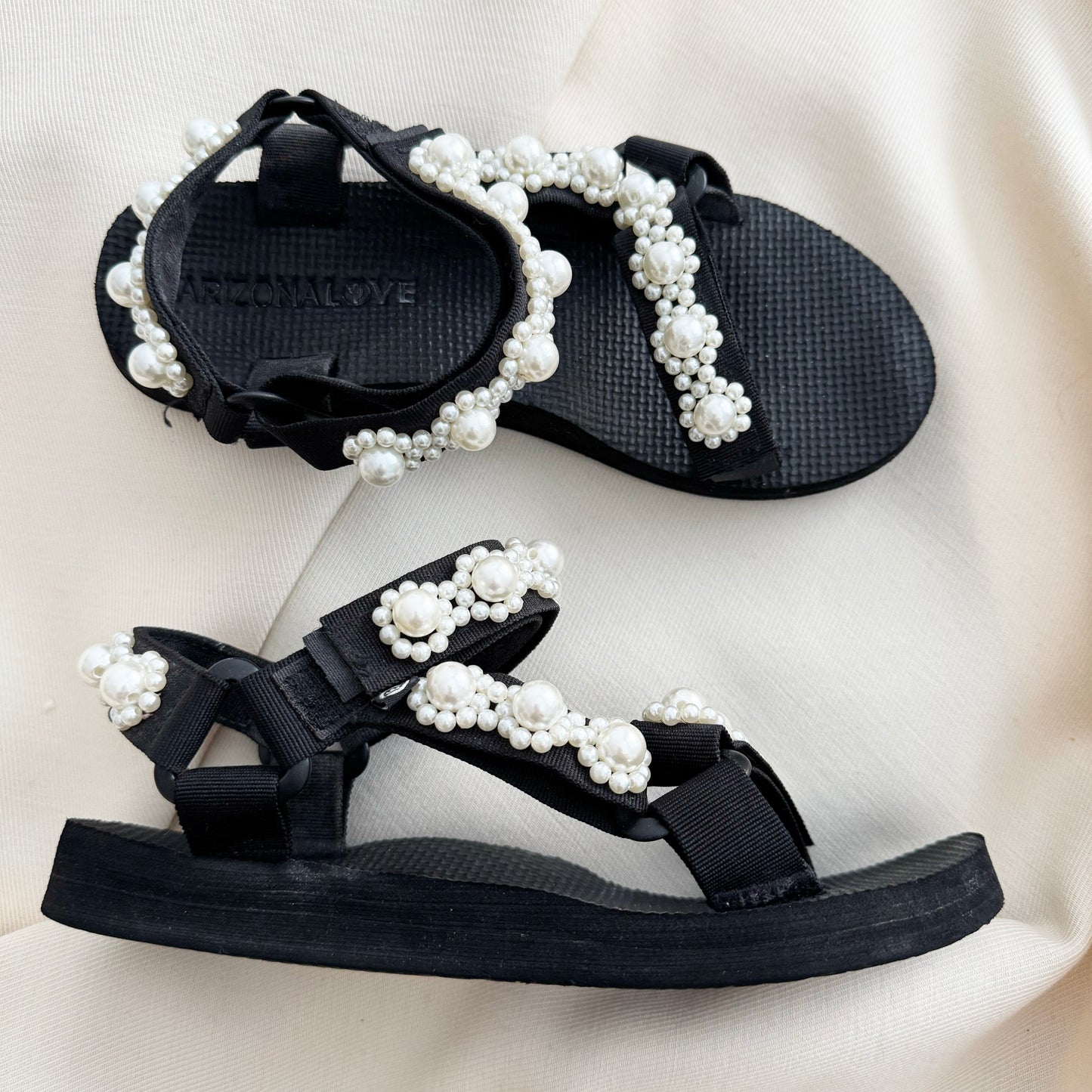 Arizona Love "Trekky" pearl-embellished sandals in Black, size 38 (fits size 7)