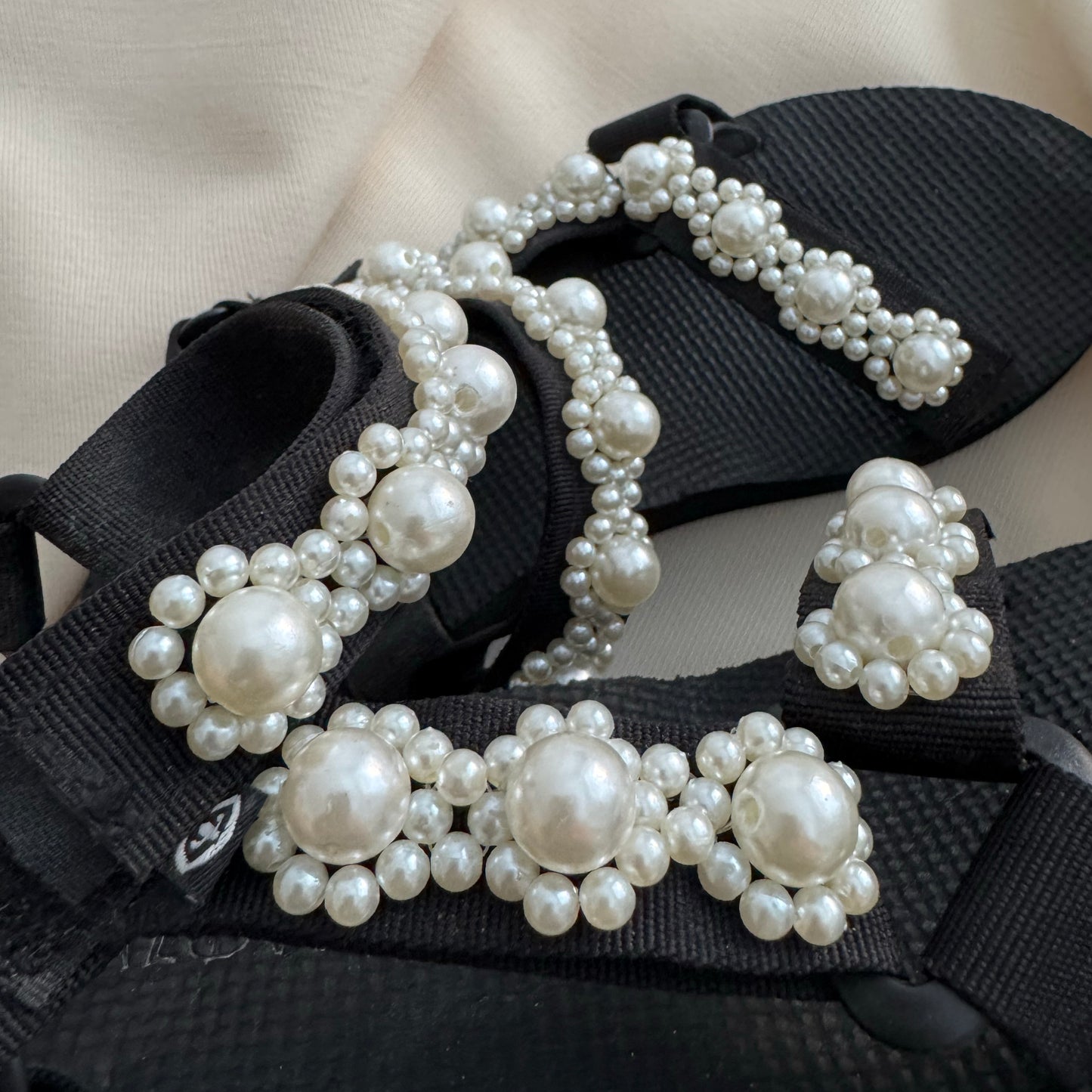 Arizona Love "Trekky" pearl-embellished sandals in Black, size 38 (fits size 7)