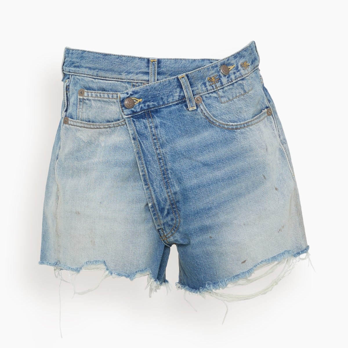 R13 Crossover Asymmetric Distressed Jean Shorts in "Turner Blue", size 29
