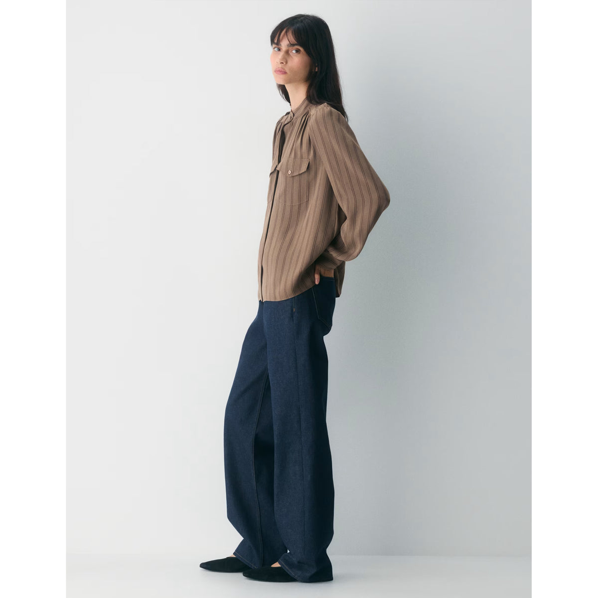 Wilfred "Overture" Crepe Blouse in Taupe/Brown Stripe, size Small