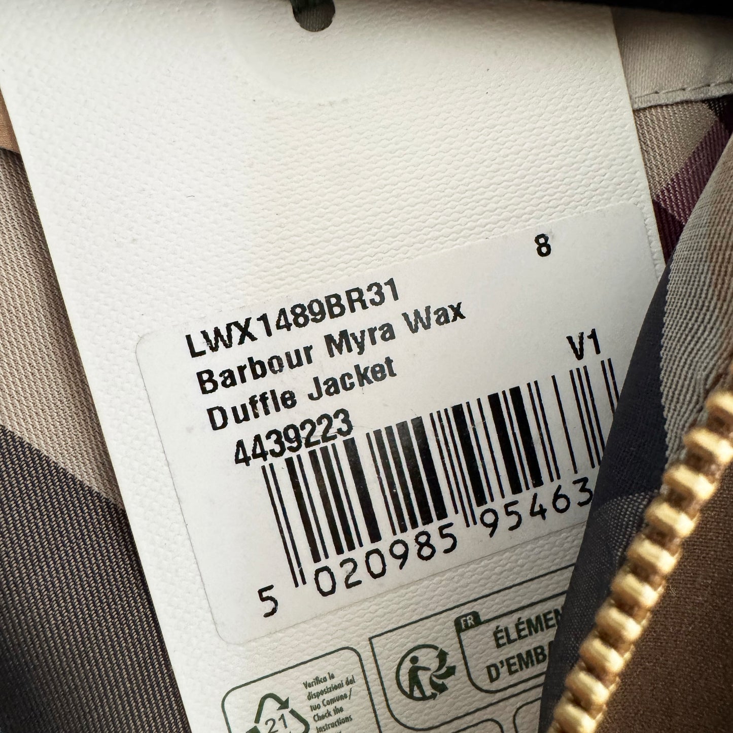 Barbour "Myla" Waxed Duffle Jacket in Brown, size 4US/8UK
