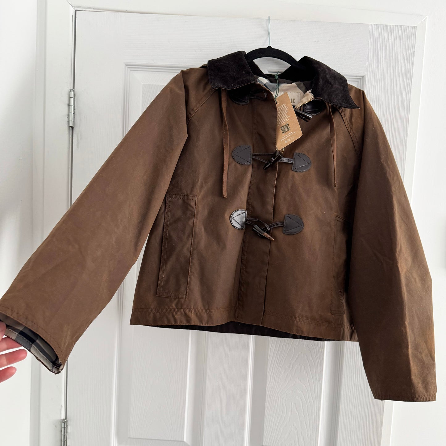 Barbour "Myla" Waxed Duffle Jacket in Brown, size 4US/8UK