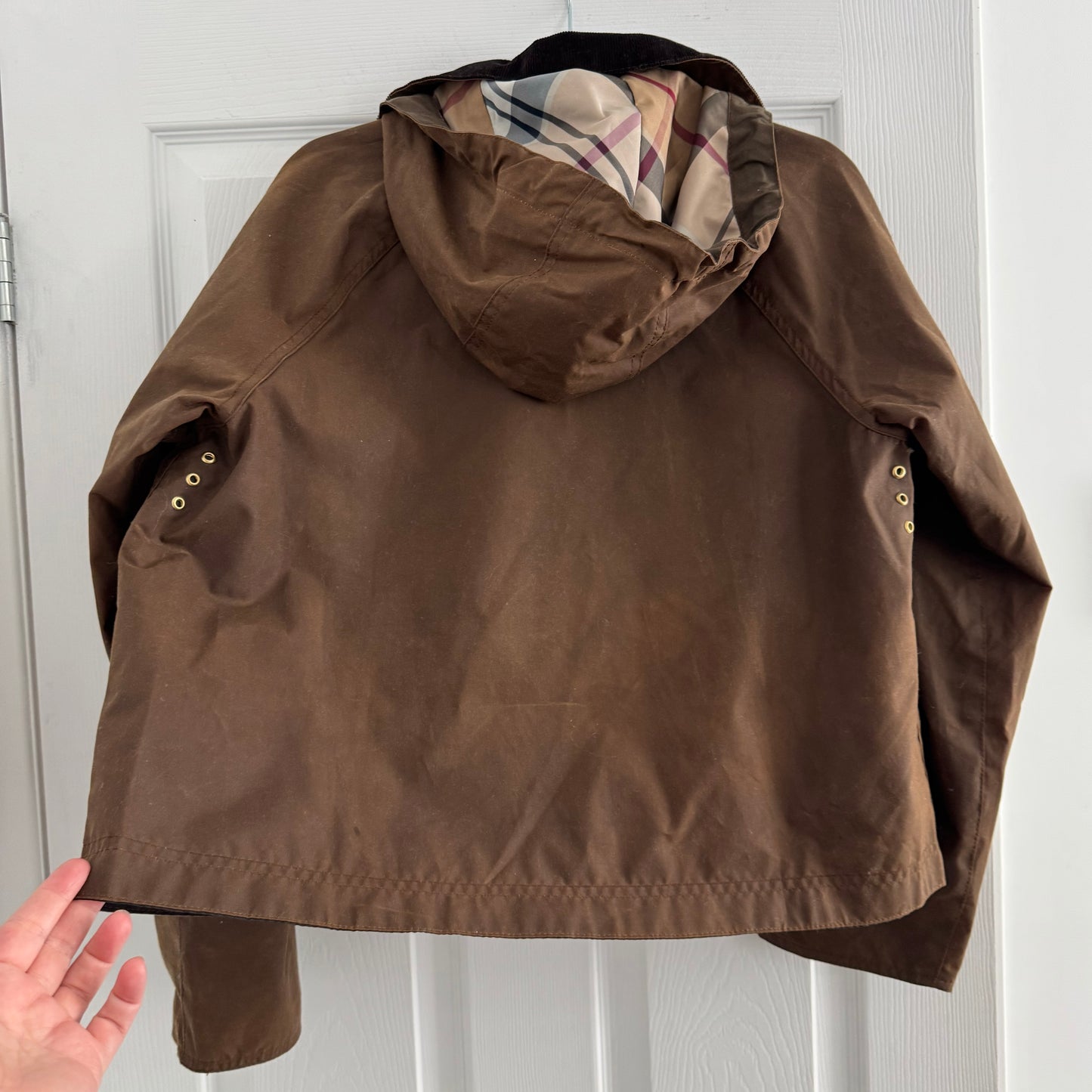 Barbour "Myla" Waxed Duffle Jacket in Brown, size 4US/8UK
