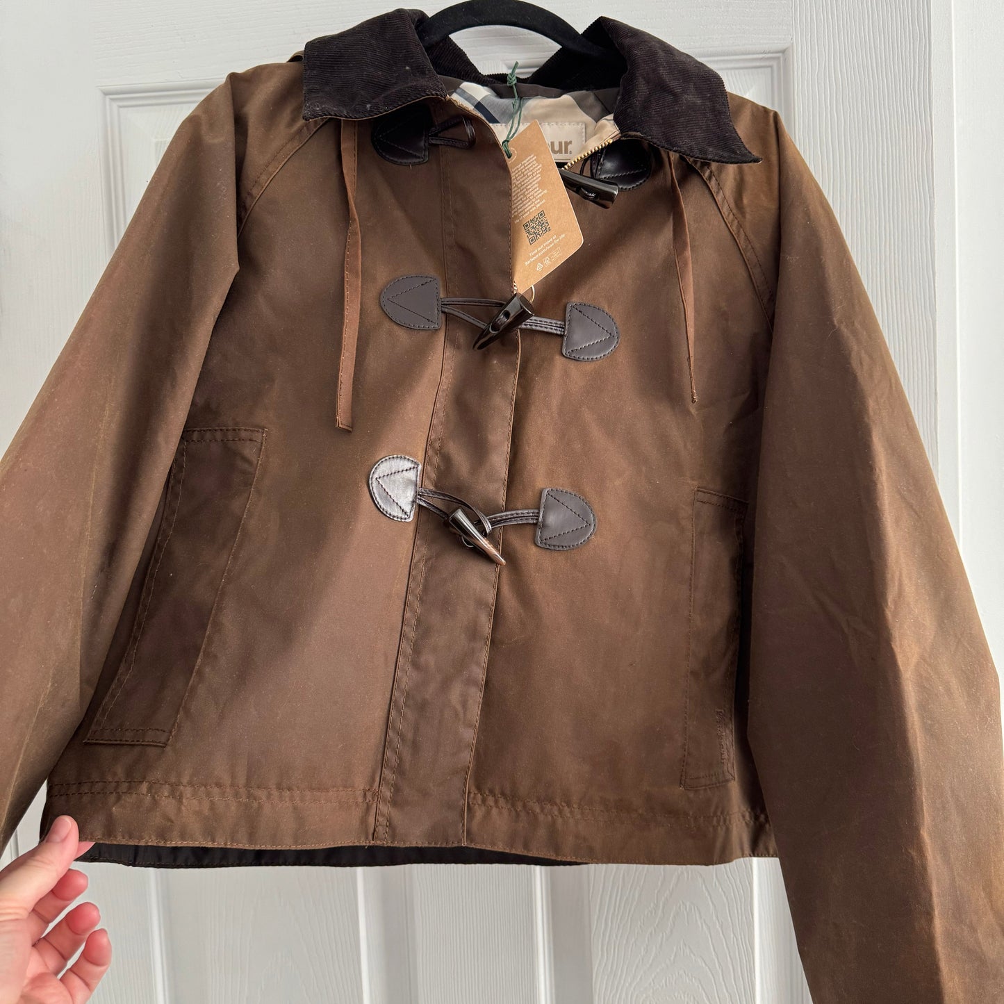 Barbour "Myla" Waxed Duffle Jacket in Brown, size 4US/8UK