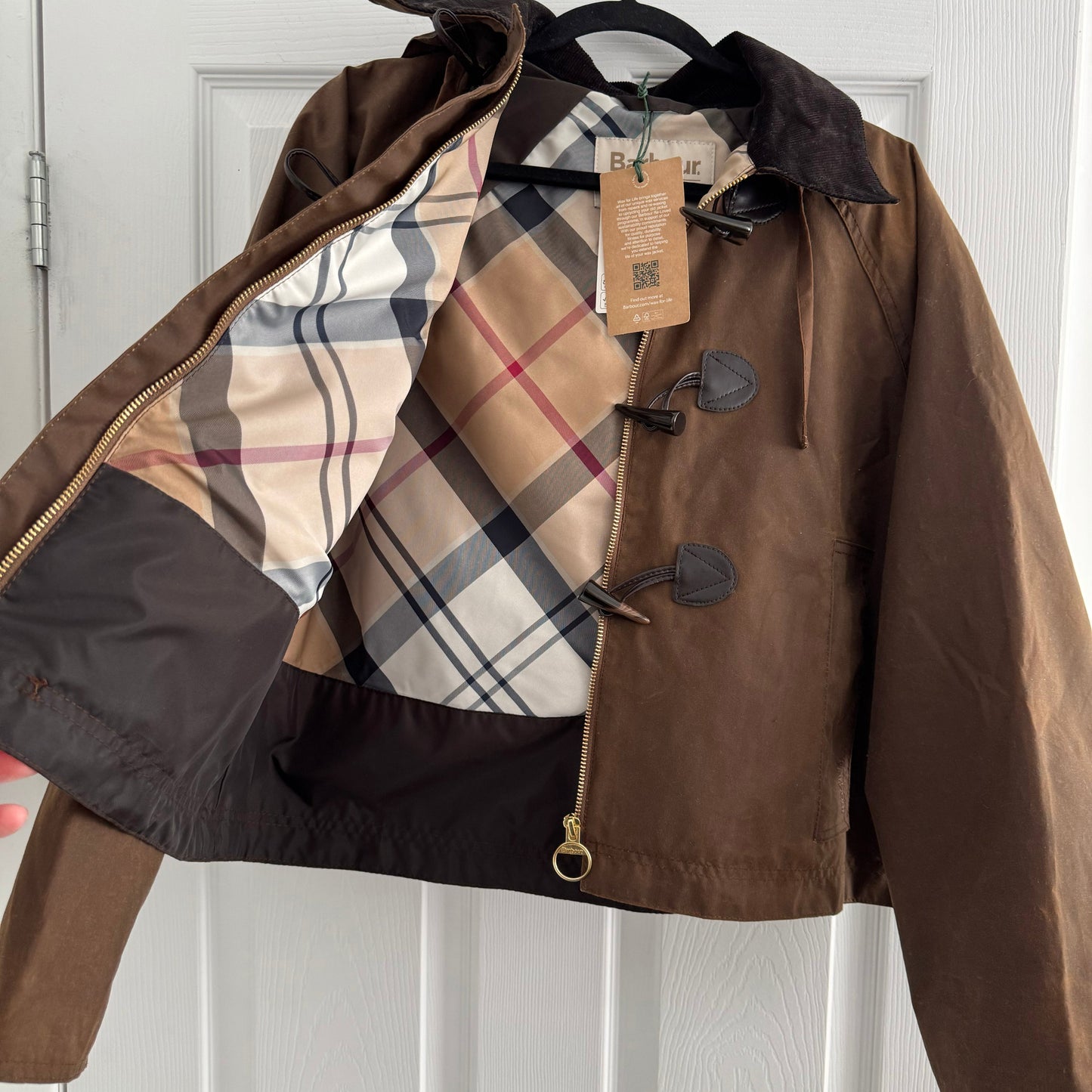 Barbour "Myla" Waxed Duffle Jacket in Brown, size 4US/8UK