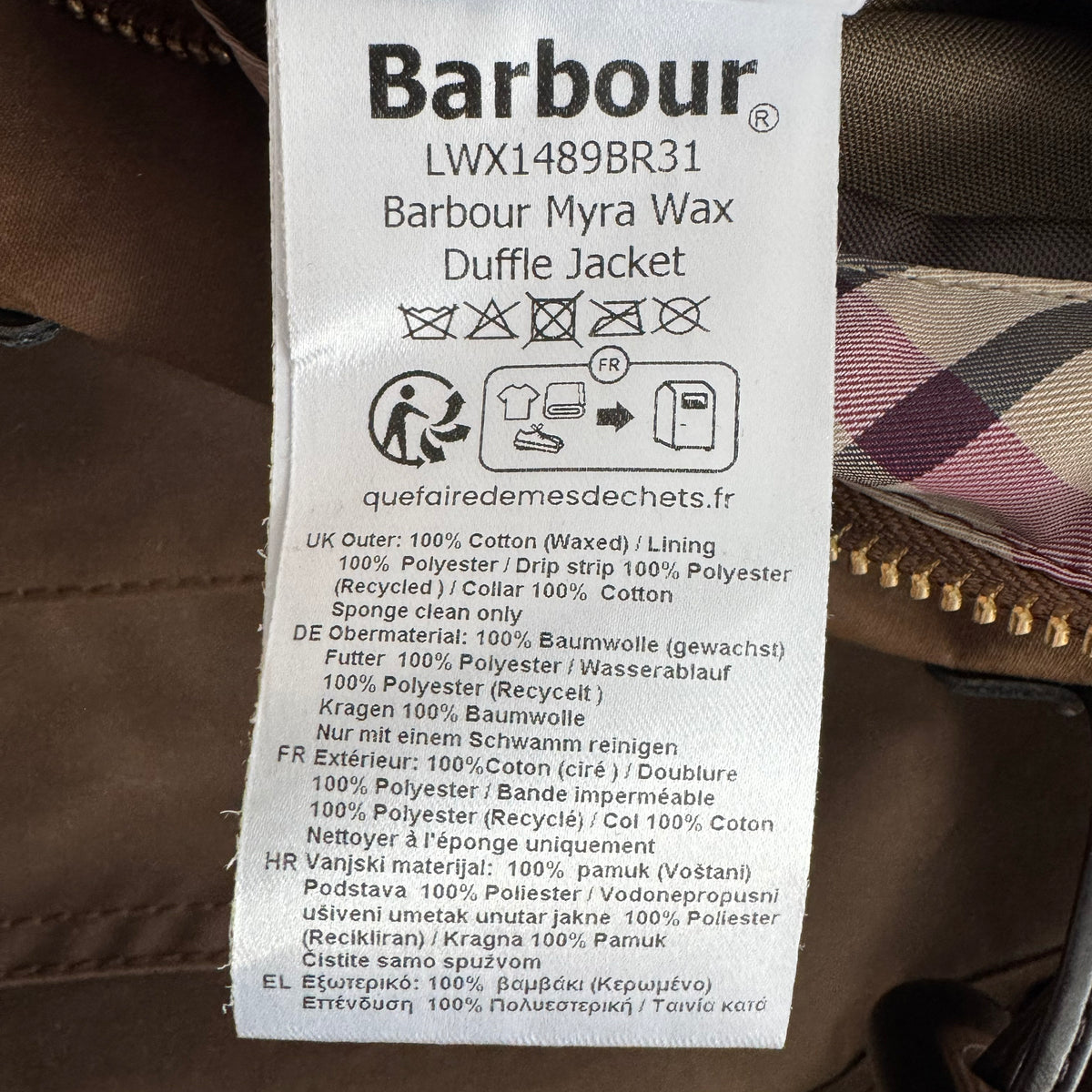 Barbour "Myla" Waxed Duffle Jacket in Brown, size 4US/8UK