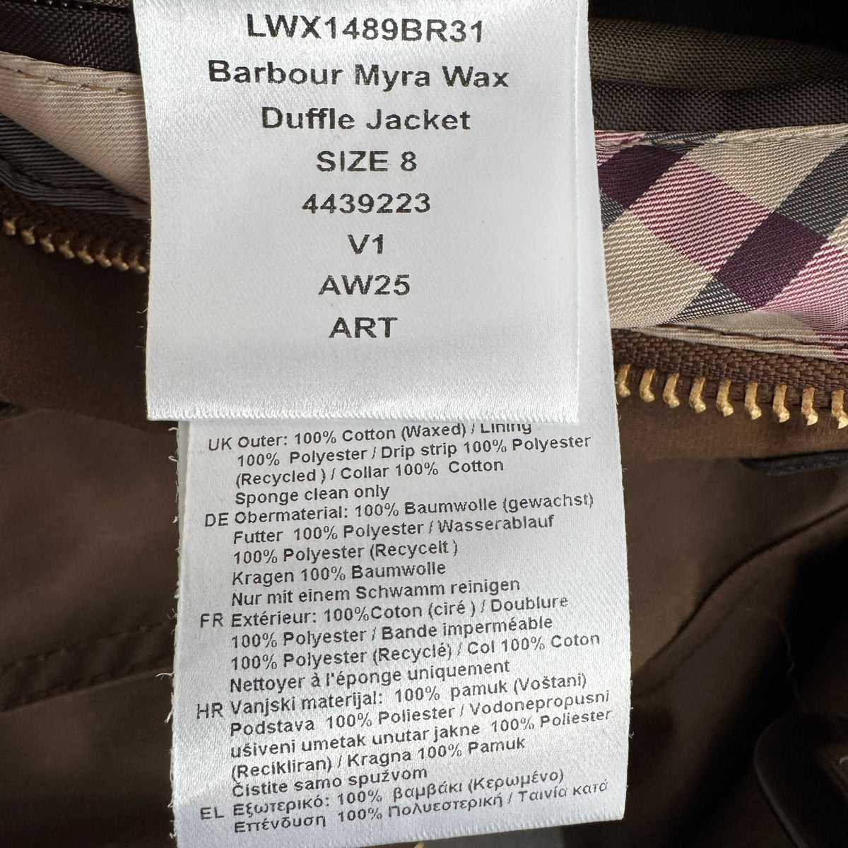 Barbour "Myla" Waxed Duffle Jacket in Brown, size 4US/8UK