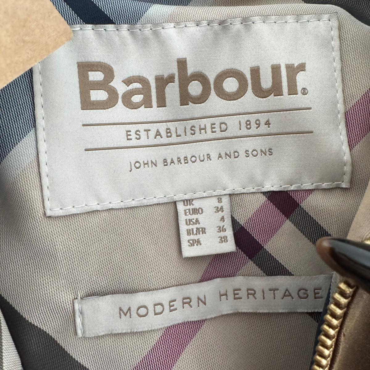 Barbour "Myla" Waxed Duffle Jacket in Brown, size 4US/8UK