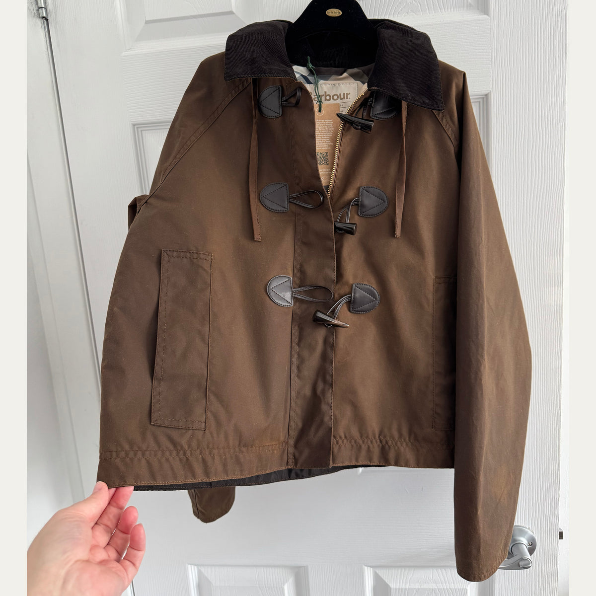 Barbour "Myla" Waxed Duffle Jacket in Brown, size 4US/8UK