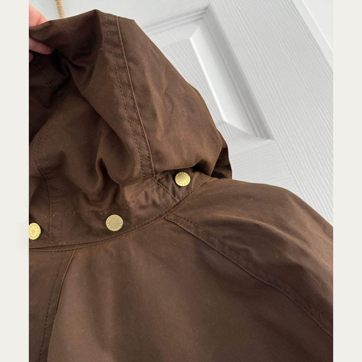 Barbour "Myla" Waxed Duffle Jacket in Brown, size 4US/8UK