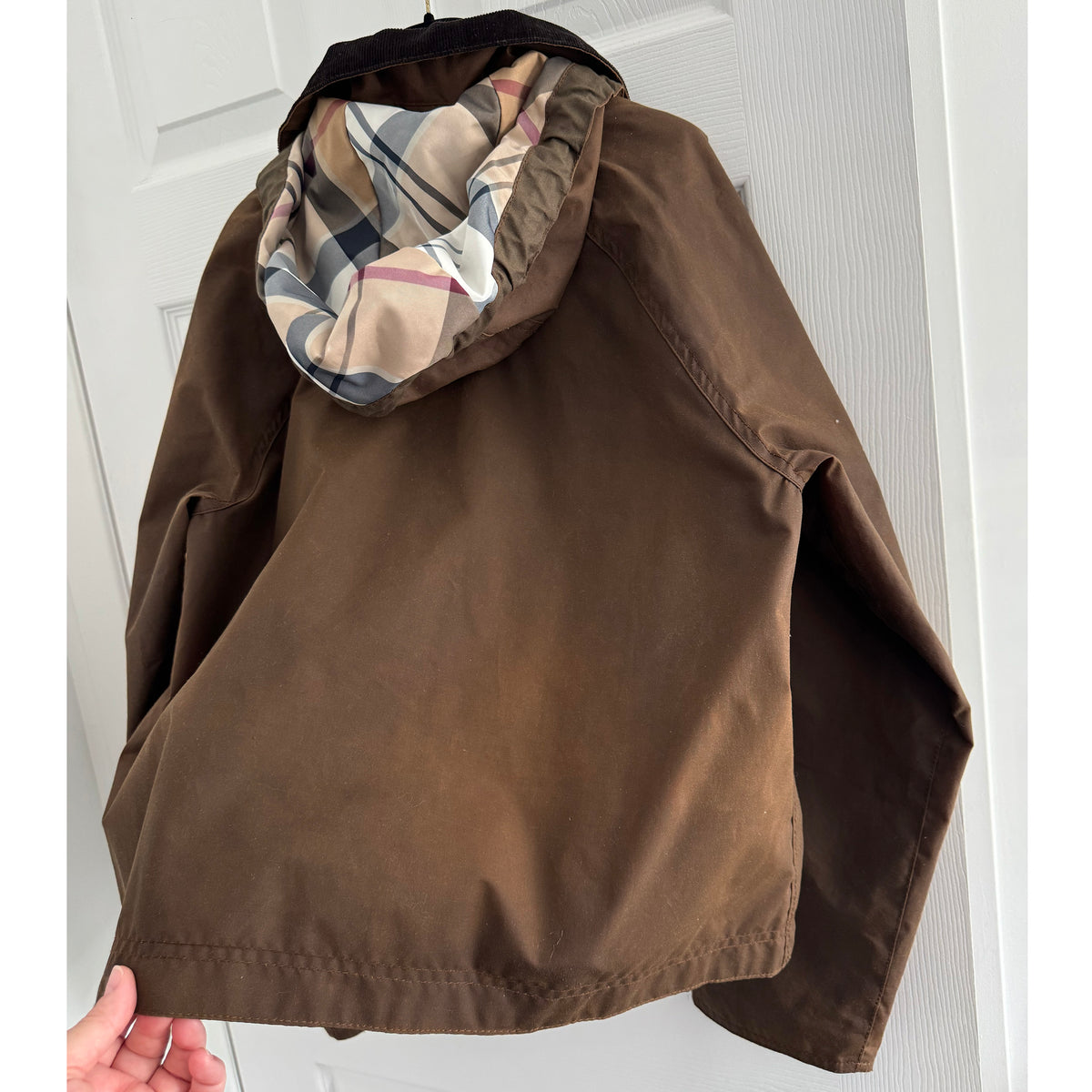 Barbour "Myla" Waxed Duffle Jacket in Brown, size 4US/8UK