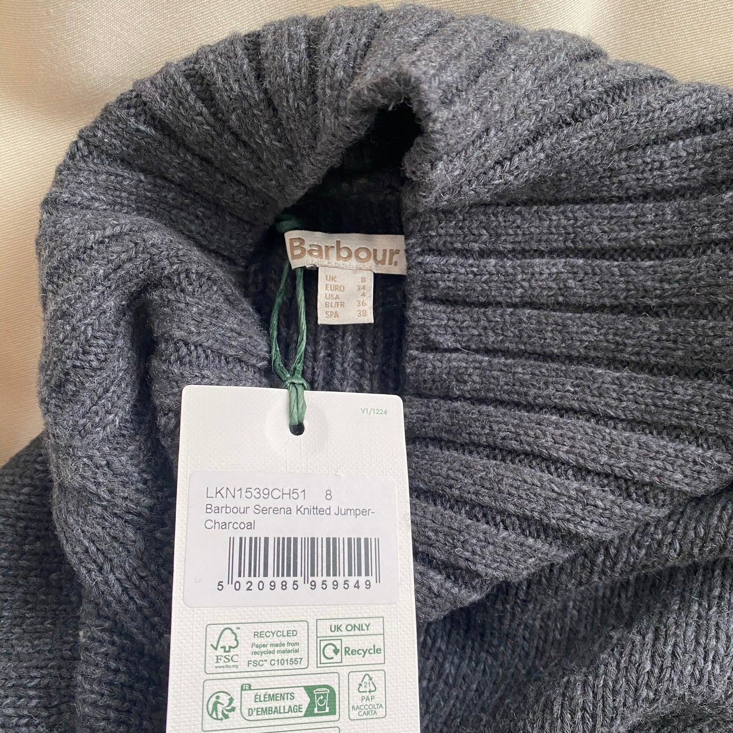 Barbour "Serena" Turtleneck in Charcoal Grey, size US4/UK8