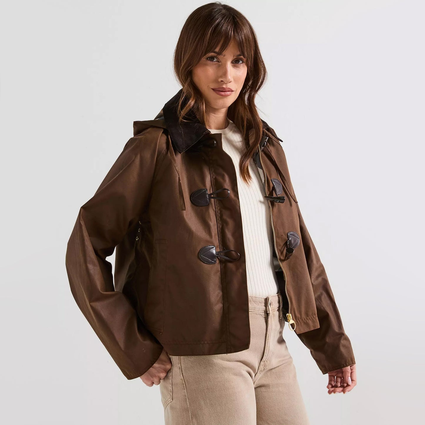Barbour "Myla" Waxed Duffle Jacket in Brown, size 4US/8UK