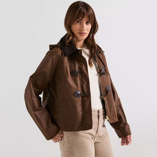 Barbour "Myla" Waxed Duffle Jacket in Brown, size 4US/8UK
