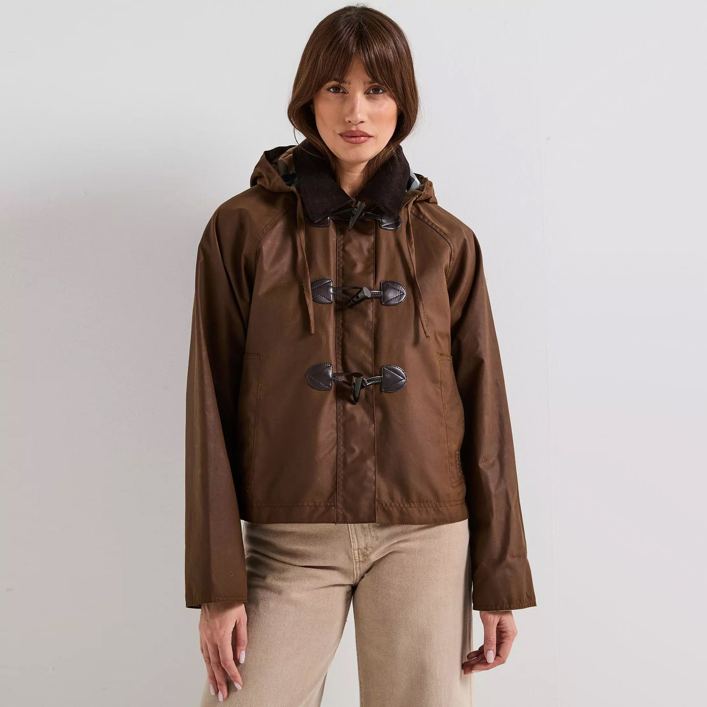 Barbour "Myla" Waxed Duffle Jacket in Brown, size 4US/8UK