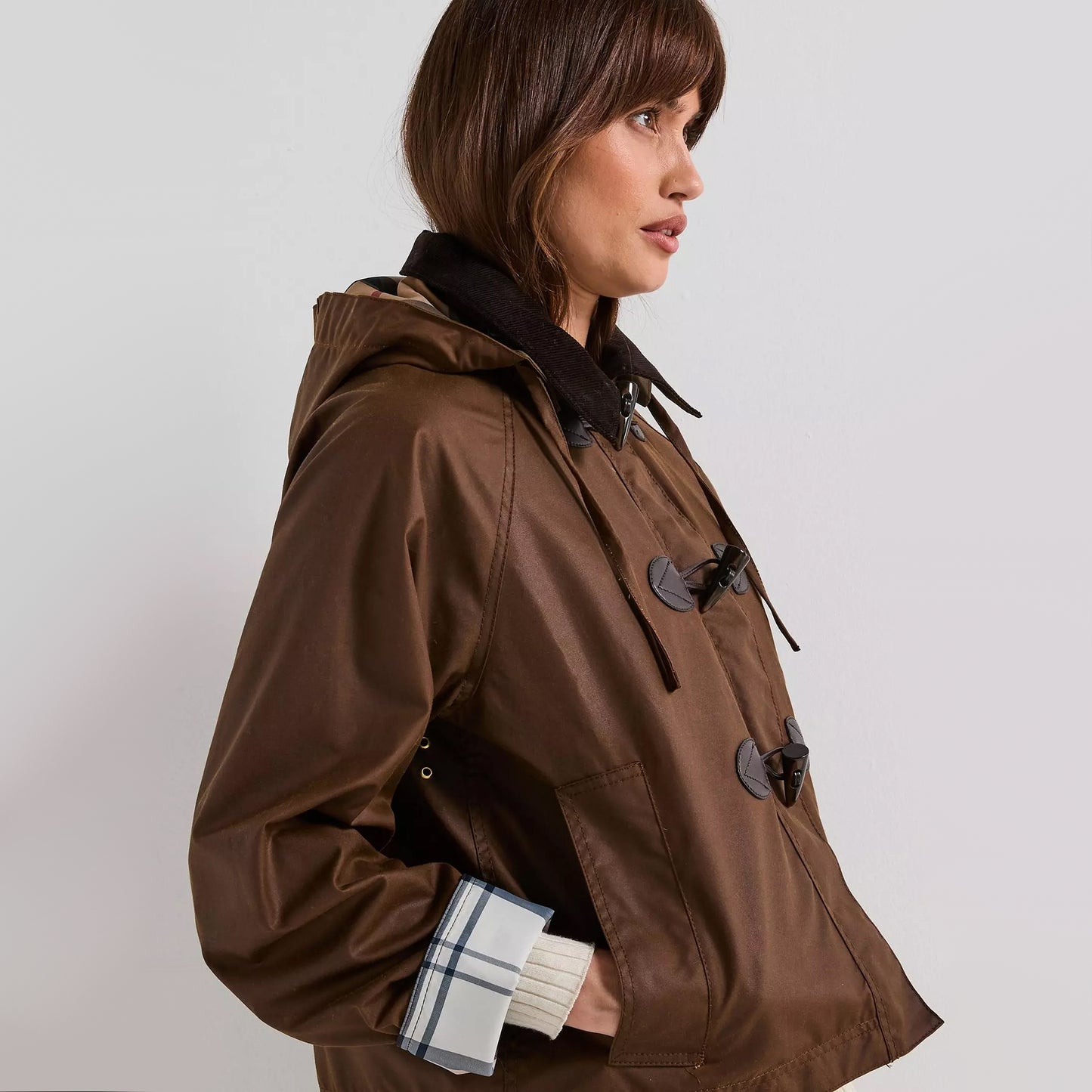 Barbour "Myla" Waxed Duffle Jacket in Brown, size 4US/8UK