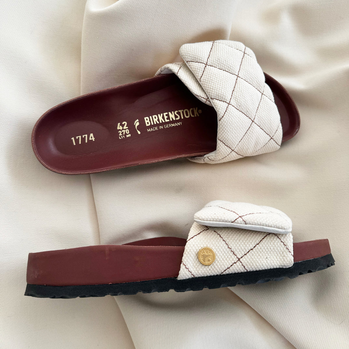 BIRKENSTOCK 1774 Sylt Padded quilted canvas sandals in Cream, Size 42