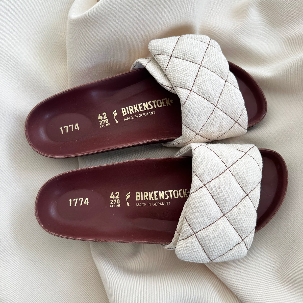 BIRKENSTOCK 1774 Sylt Padded quilted canvas sandals in Cream, Size 42