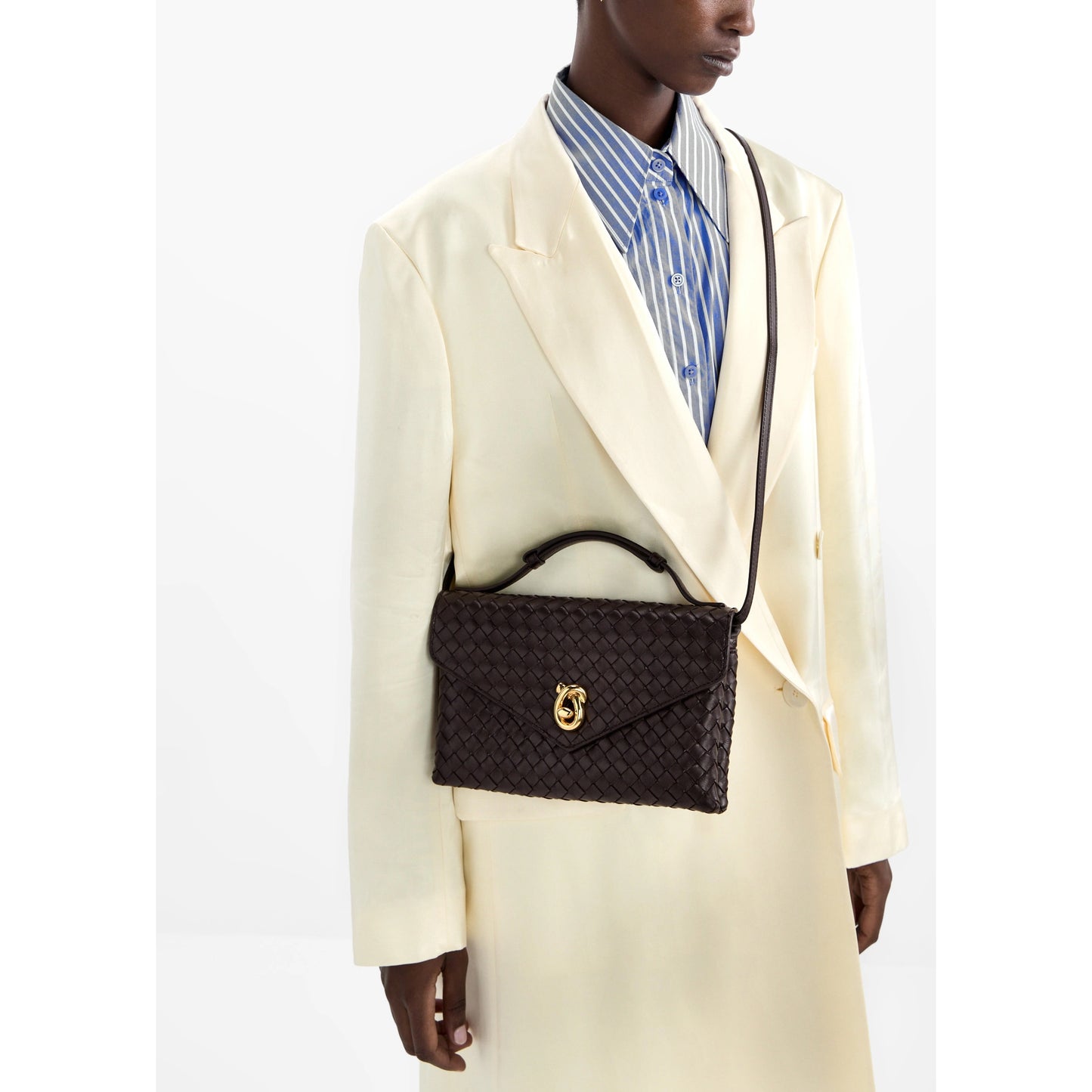 Bottega Veneta Knot Lock Intrecciato Leather Crossbody Bag in "Fondant" (Brown)