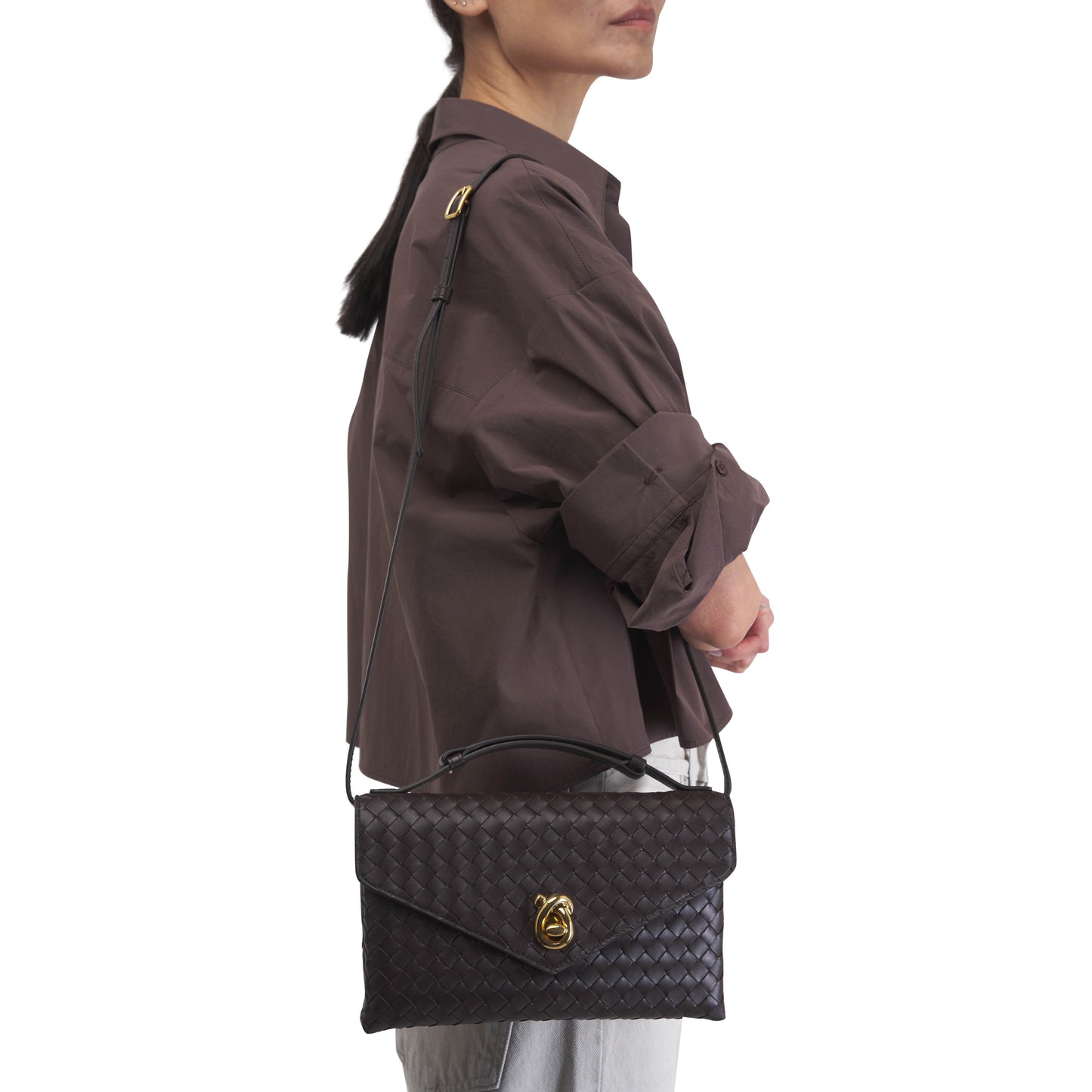 Bottega Veneta Knot Lock Intrecciato Leather Crossbody Bag in "Fondant" (Brown)