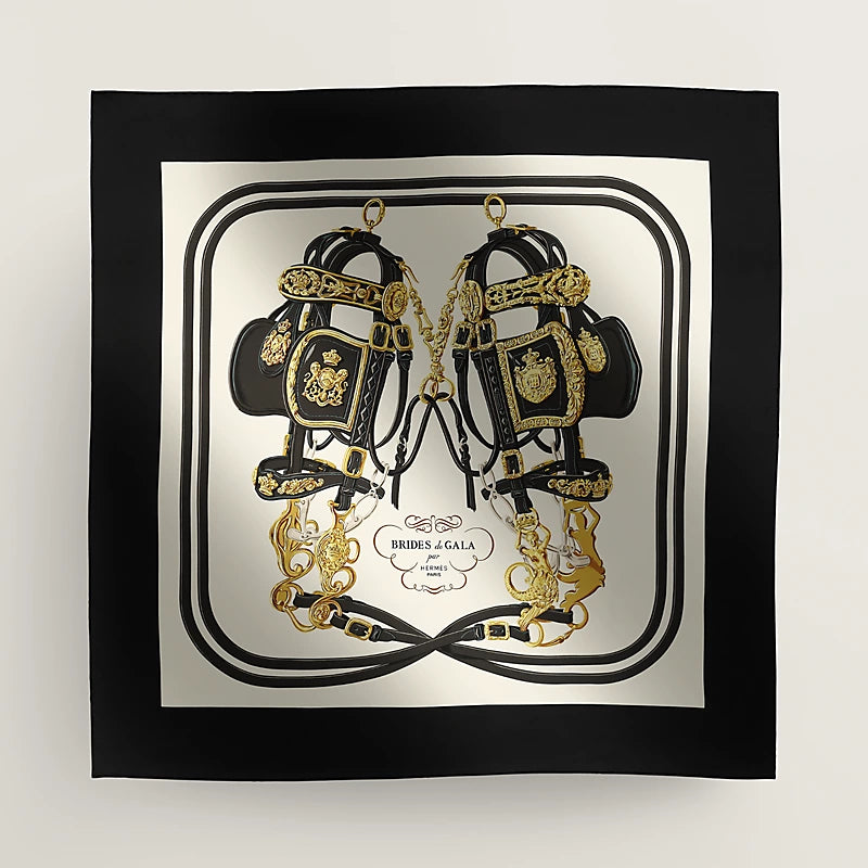 Hermes "Brides de Gala" 90cm Scarf in noir / crème / gold