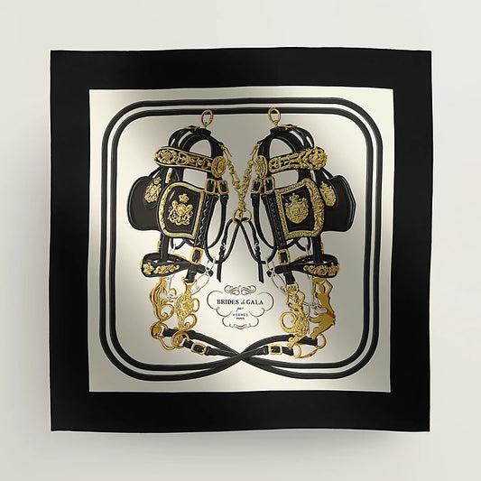 Hermes "Brides de Gala" 90cm Scarf in noir / crème / gold