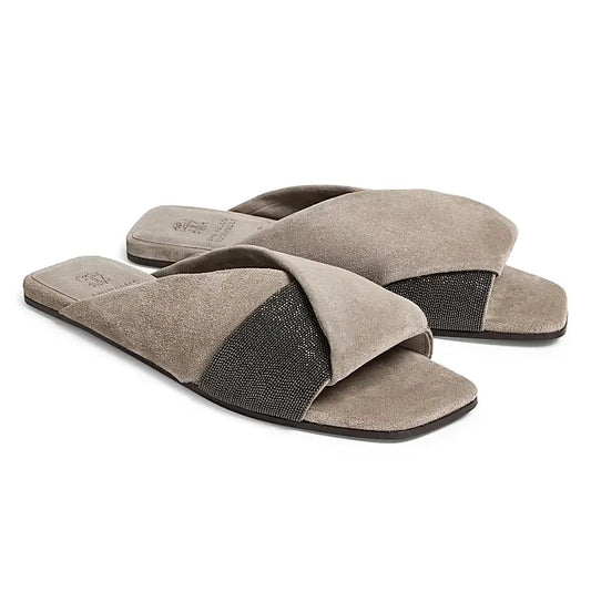Brunello Cucinelli Monili-Embroidered Suede Slides, size 41
