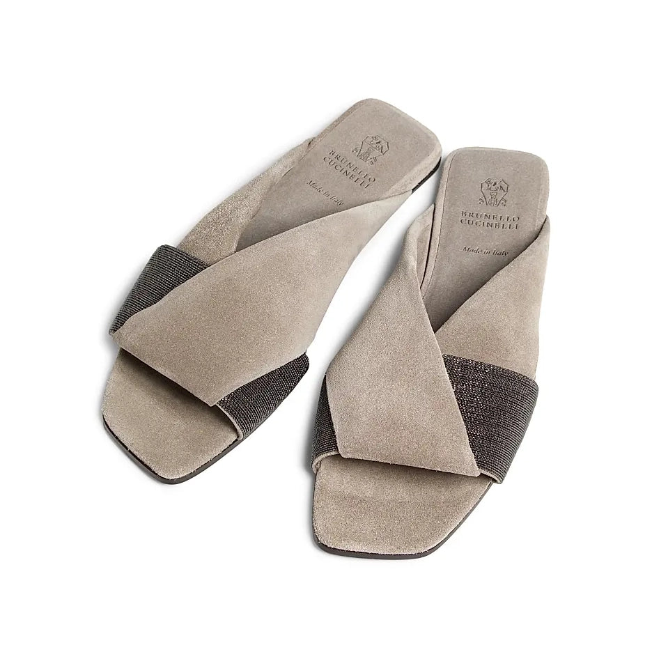 Brunello Cucinelli Monili-Embroidered Suede Slides, size 41