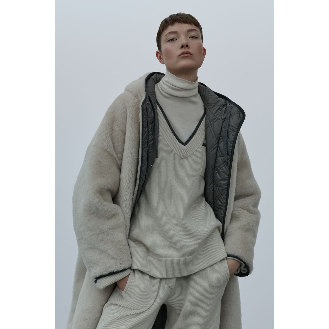 Brunello Cucinelli Reversible Shearling Coat in Ivory/Grey, size 42