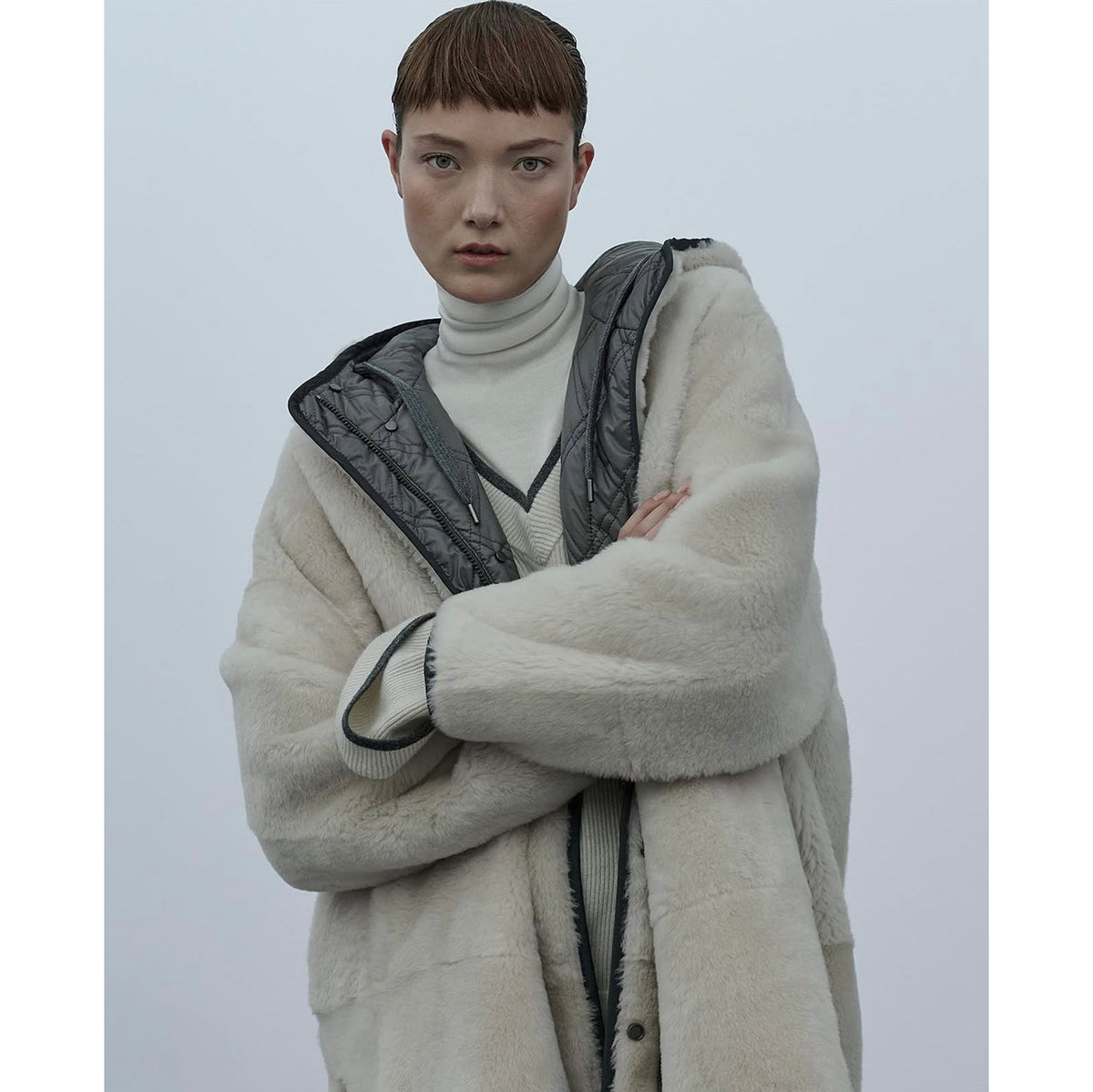 Brunello Cucinelli Reversible Shearling Coat in Ivory/Grey, size 42