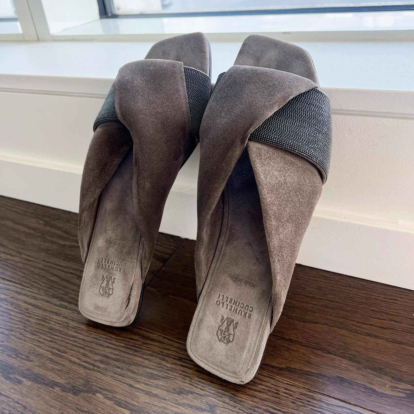Brunello Cucinelli Monili-Embroidered Suede Slides, size 41