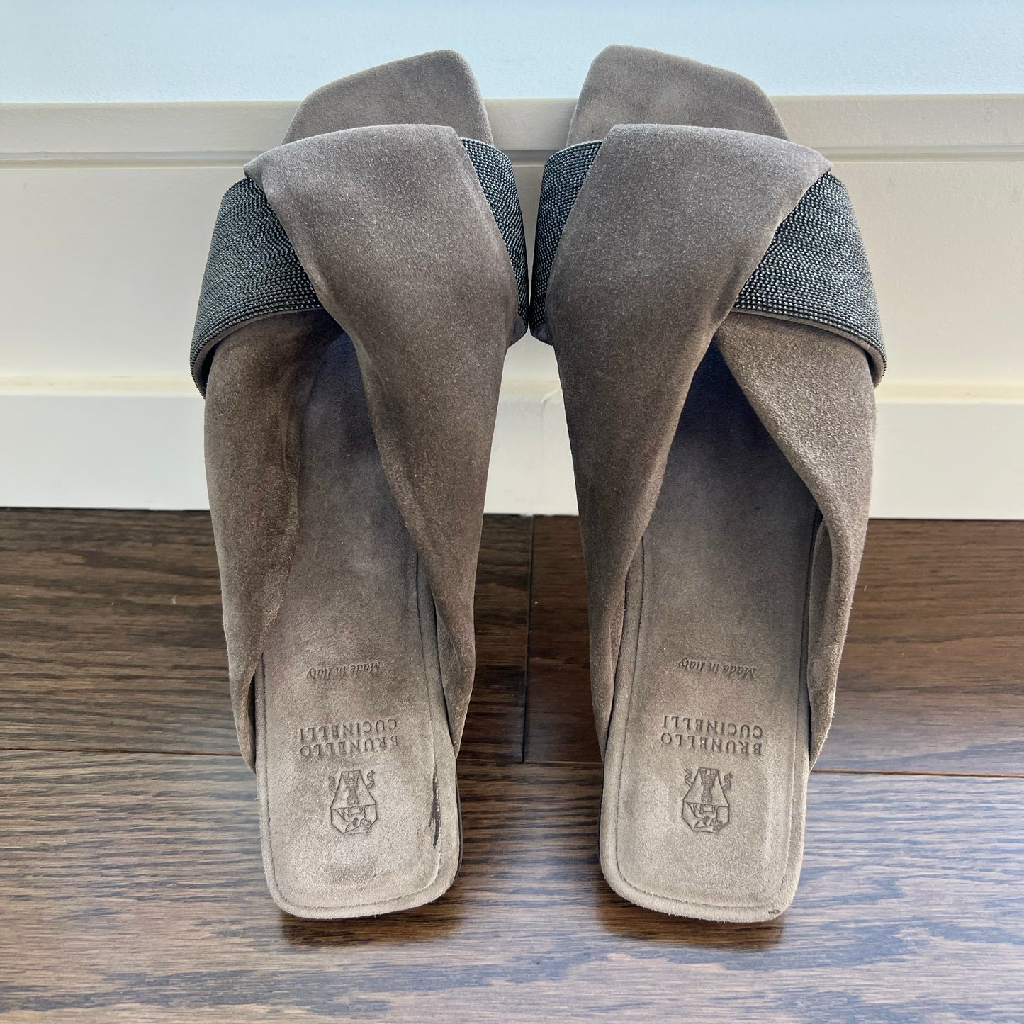 Brunello Cucinelli Monili-Embroidered Suede Slides, size 41