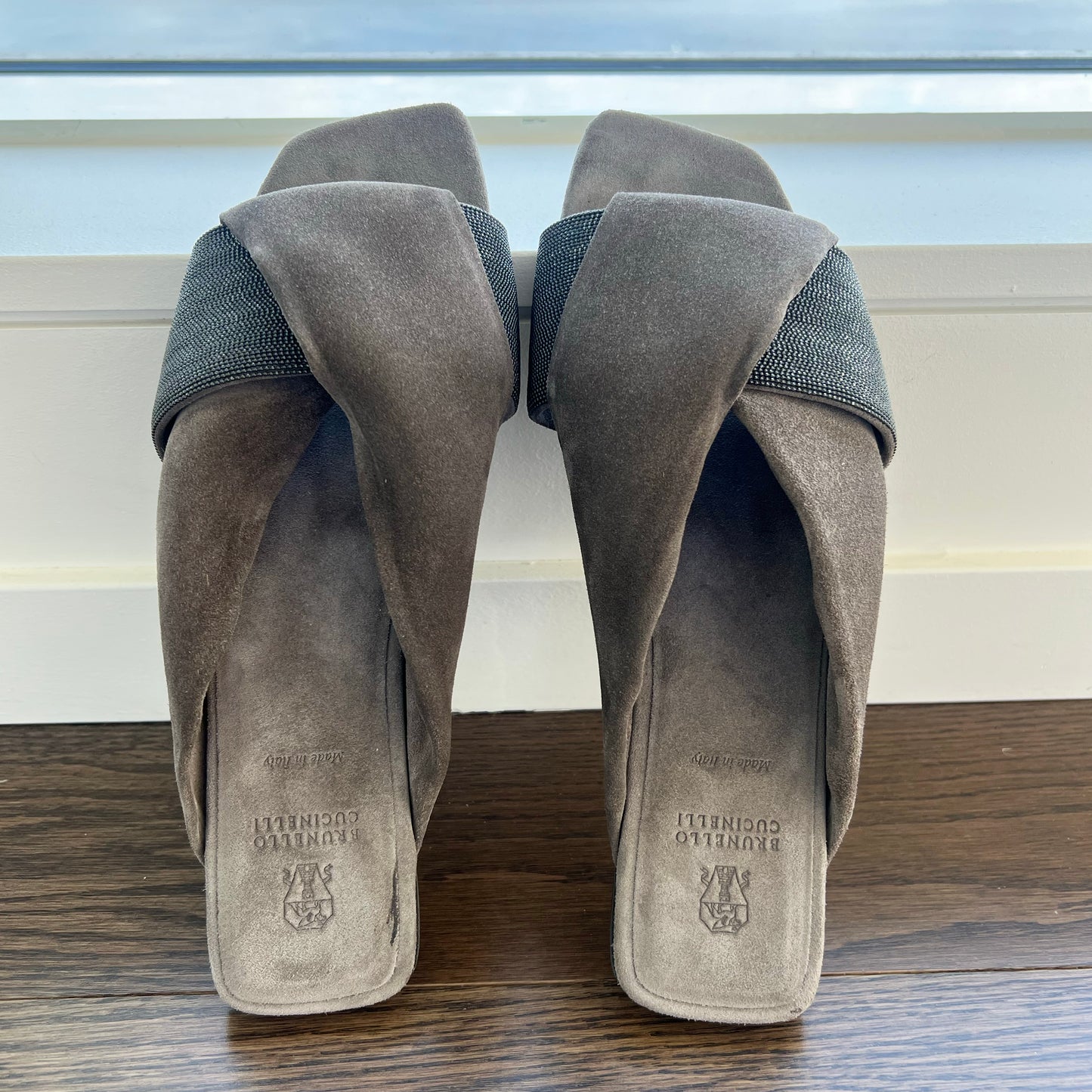 Brunello Cucinelli Monili-Embroidered Suede Slides, size 41