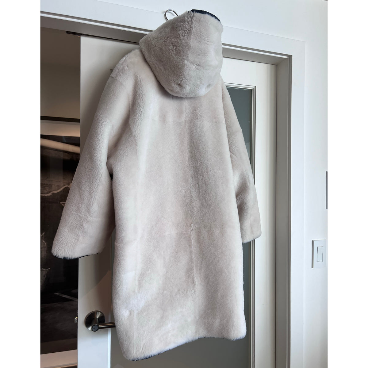Brunello Cucinelli Reversible Shearling Coat in Ivory/Grey, size 42