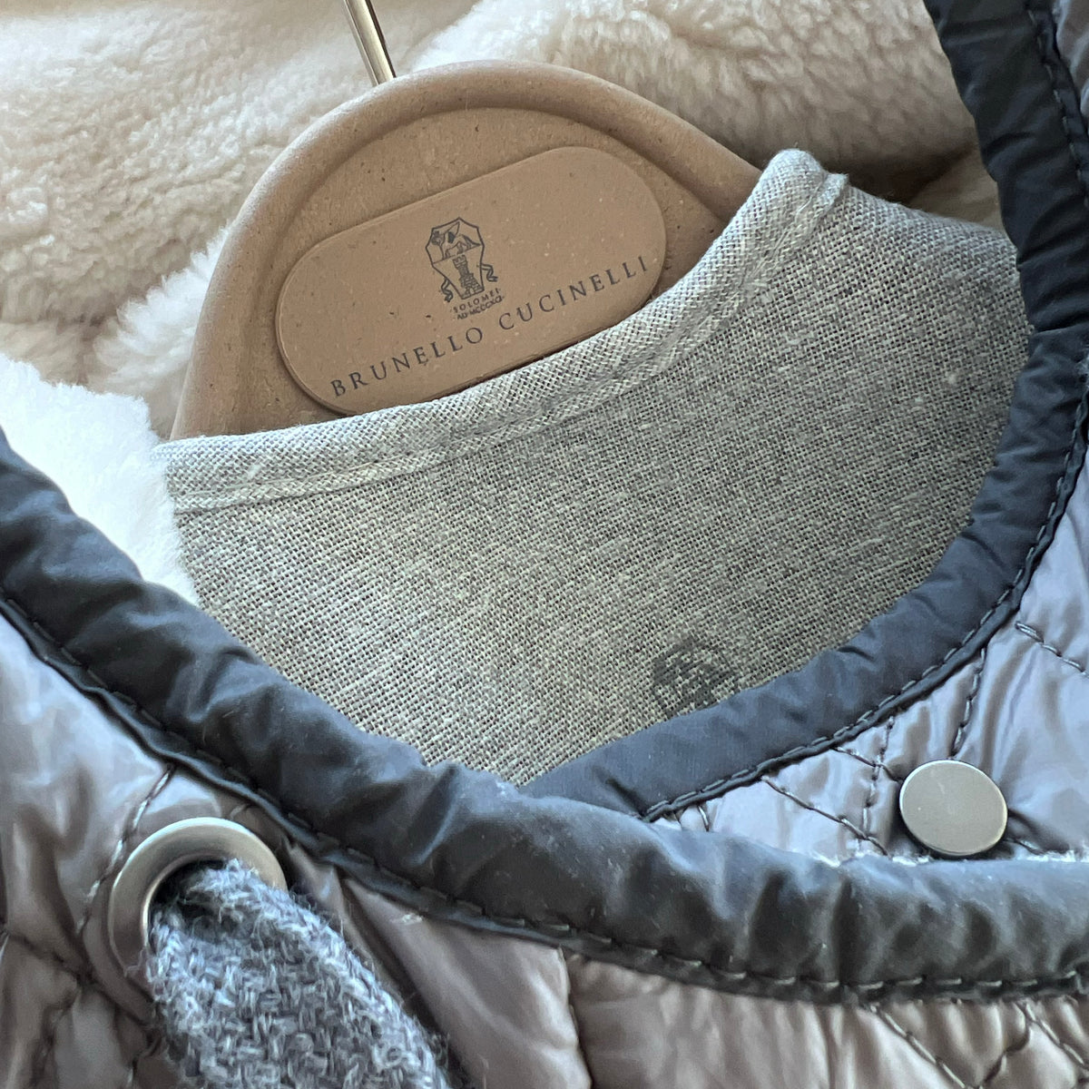 Brunello Cucinelli Reversible Shearling Coat in Ivory/Grey, size 42