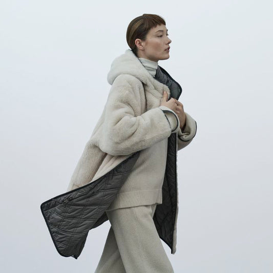 Brunello Cucinelli Reversible Shearling Coat in Ivory/Grey, size 42