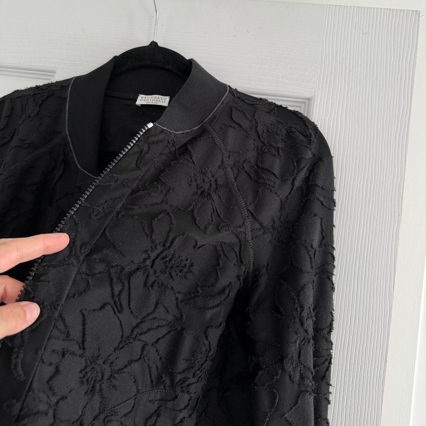 Brunello Cucinelli Fil Coupe Zip-front Bomber Jacket In Black, size Large (fits Medium)
